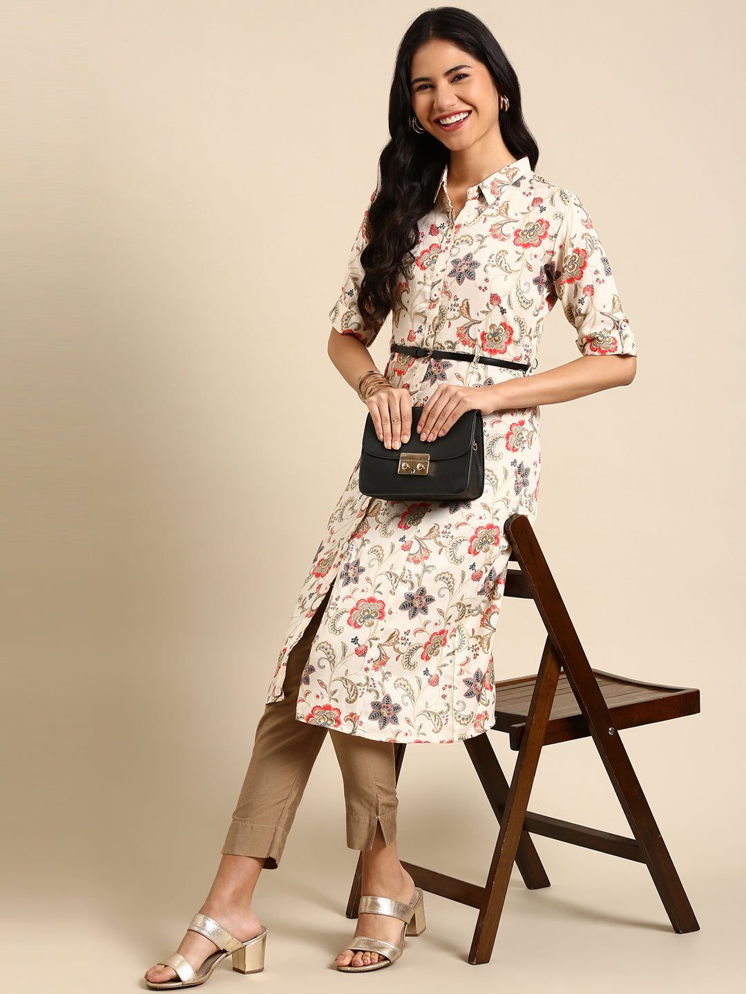 Women's Beige Printed Anarkali Kurta