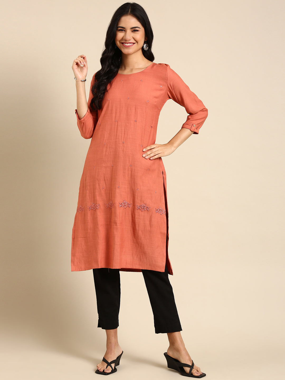 Women's Orange Printed Straight Kurta