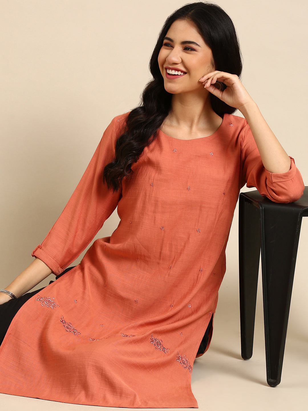 Women's Orange Printed Straight Kurta