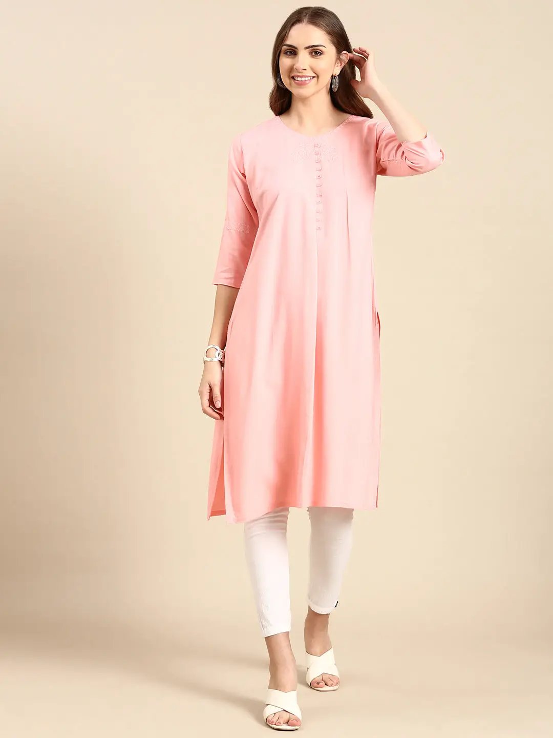 Women's Pink Solid Straight Kurta
