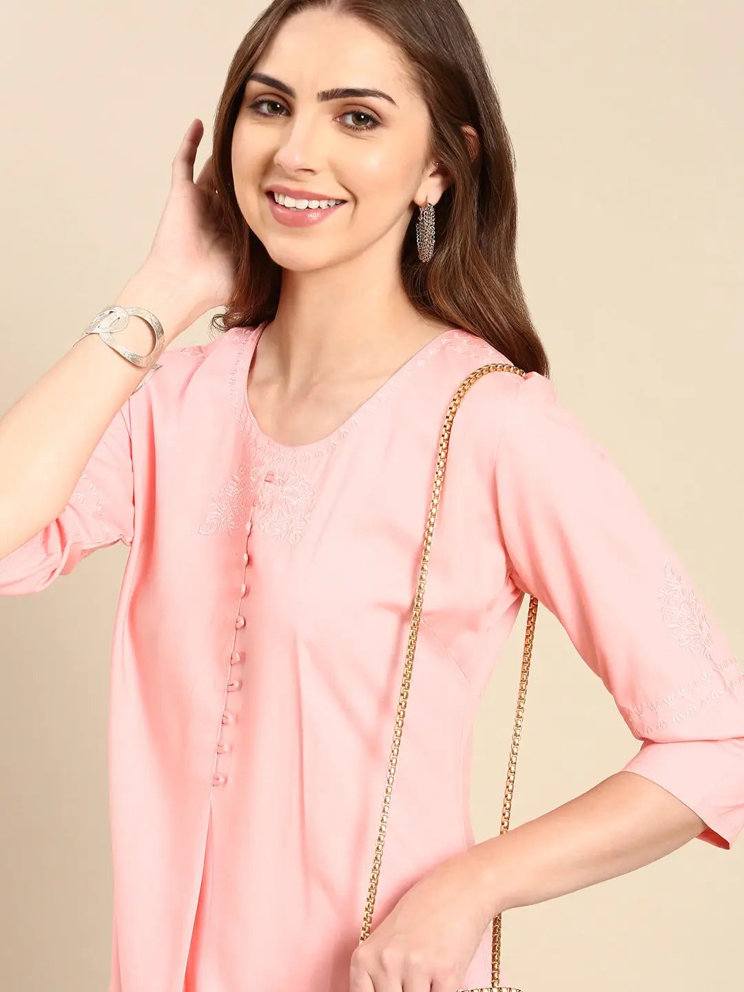 Women's Pink Solid Straight Kurta