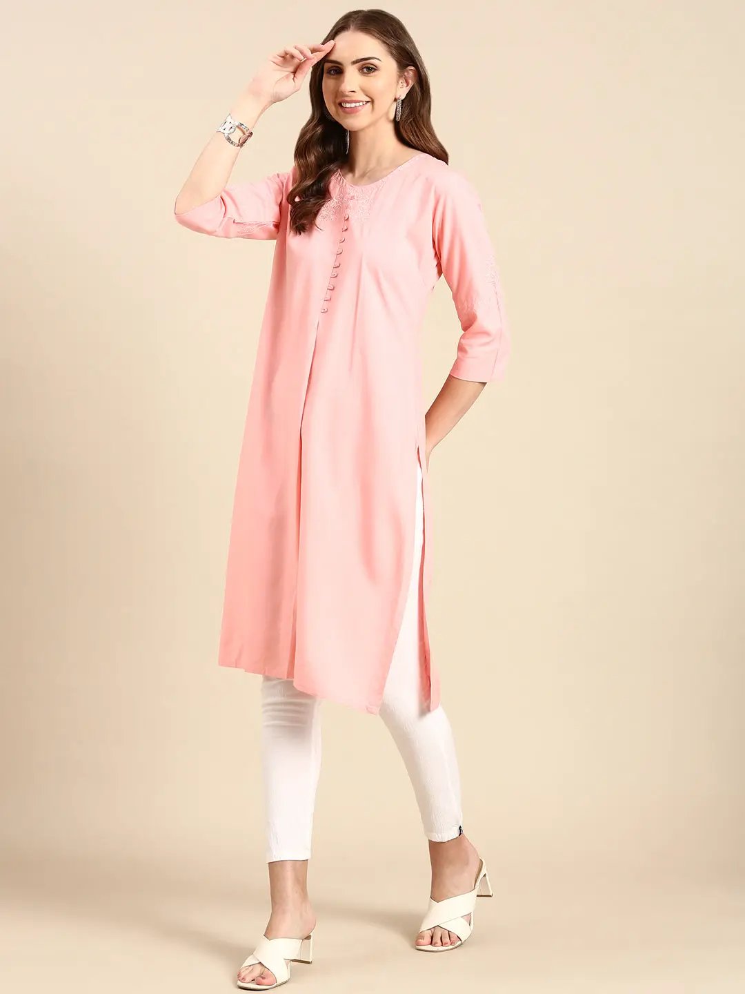 Women's Pink Solid Straight Kurta