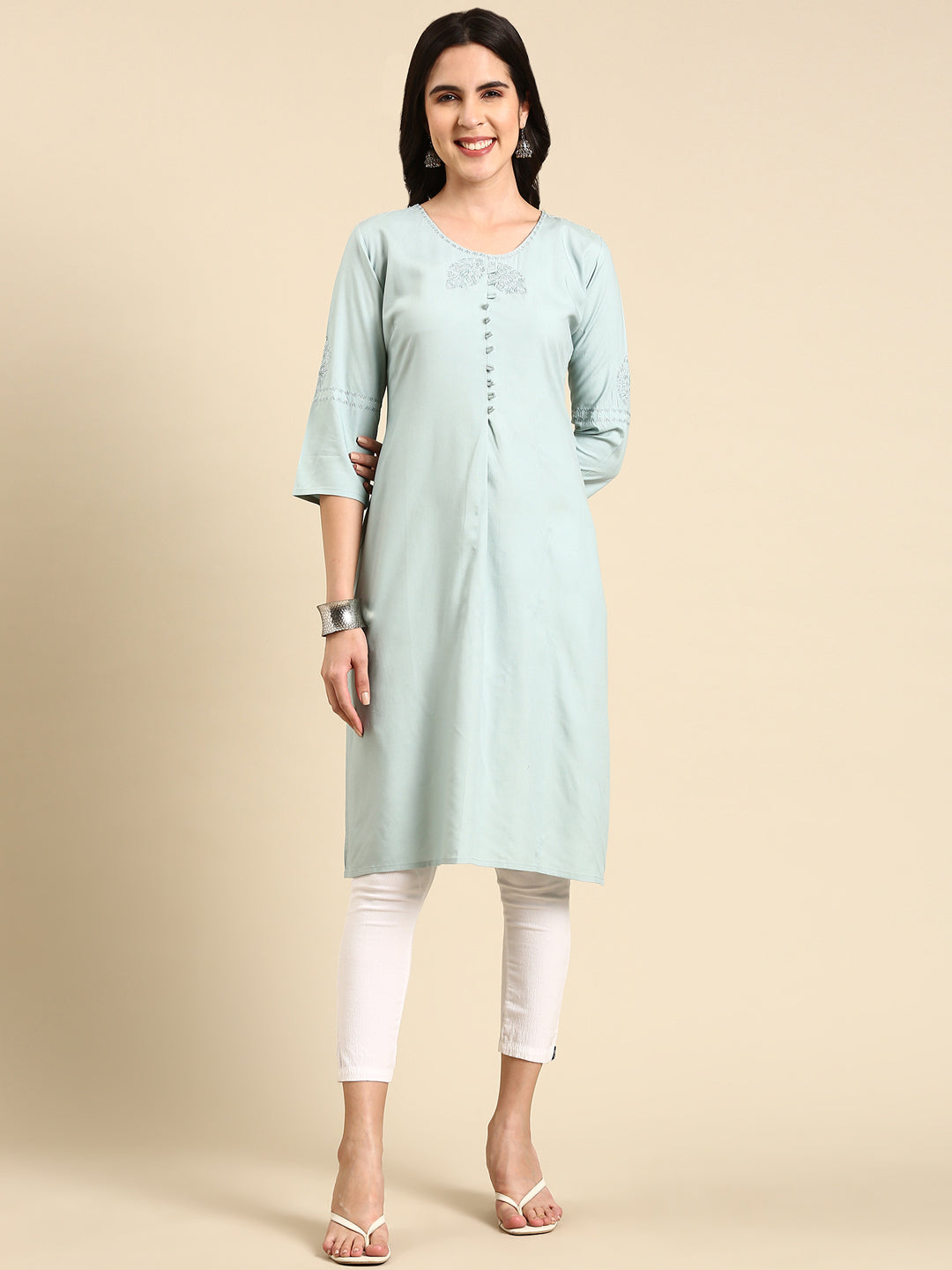 Women's Sea Green Solid Straight Kurta