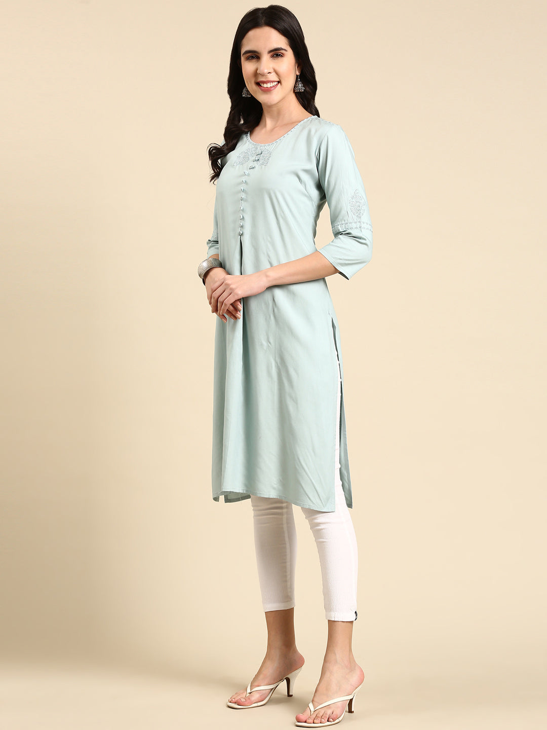 Women's Sea Green Solid Straight Kurta