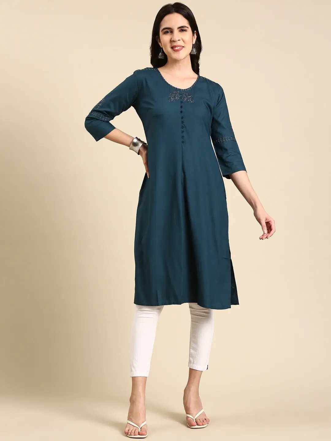 Women's Teal Solid Straight Kurta