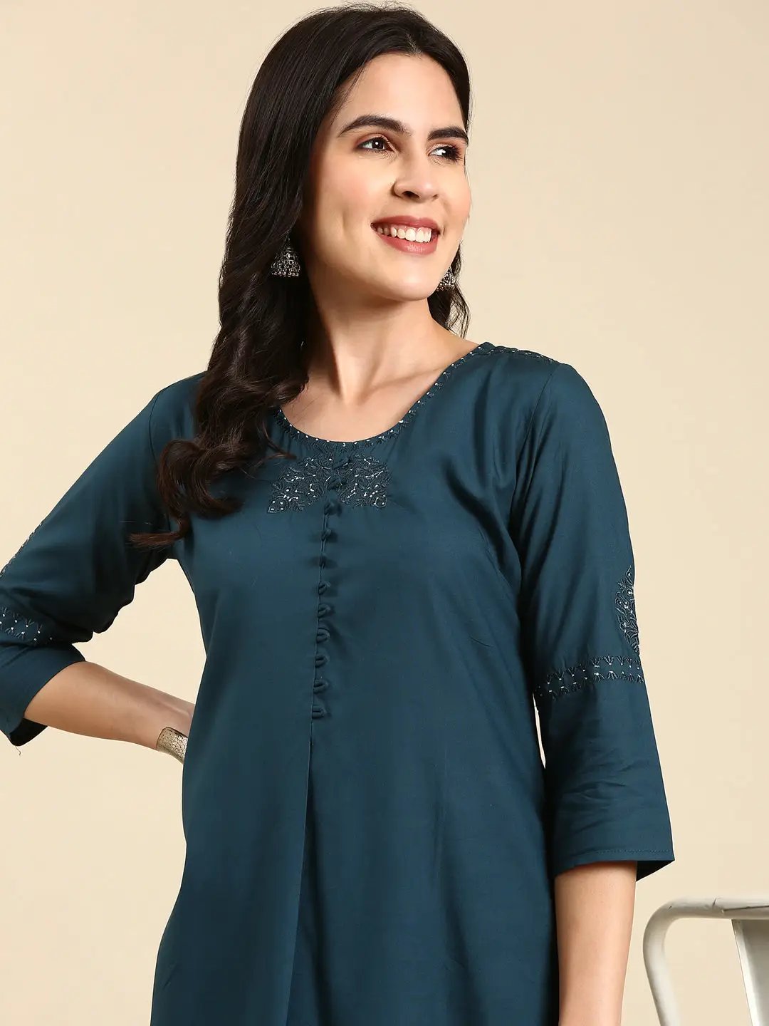 Women's Teal Solid Straight Kurta