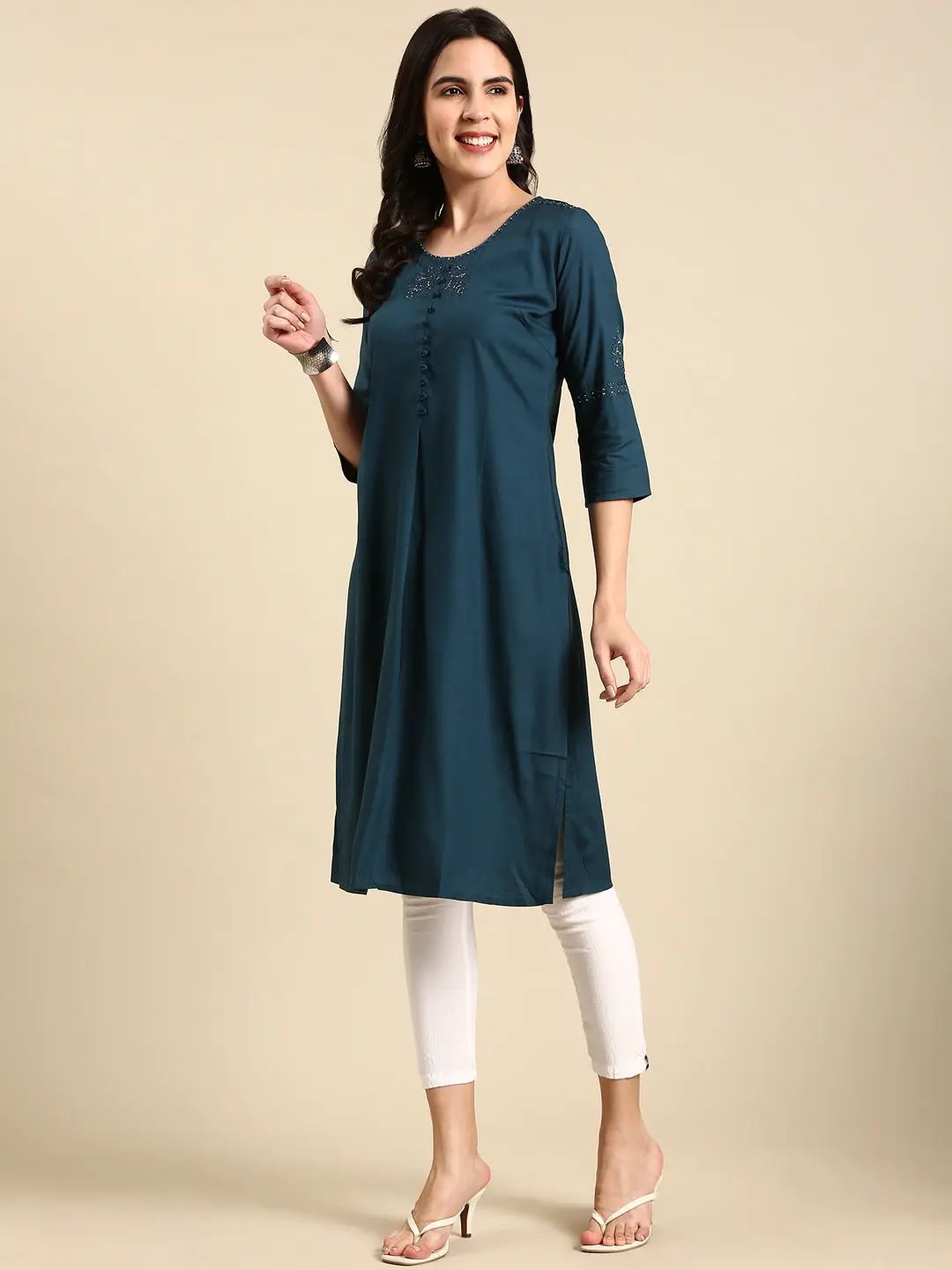 Women's Teal Solid Straight Kurta