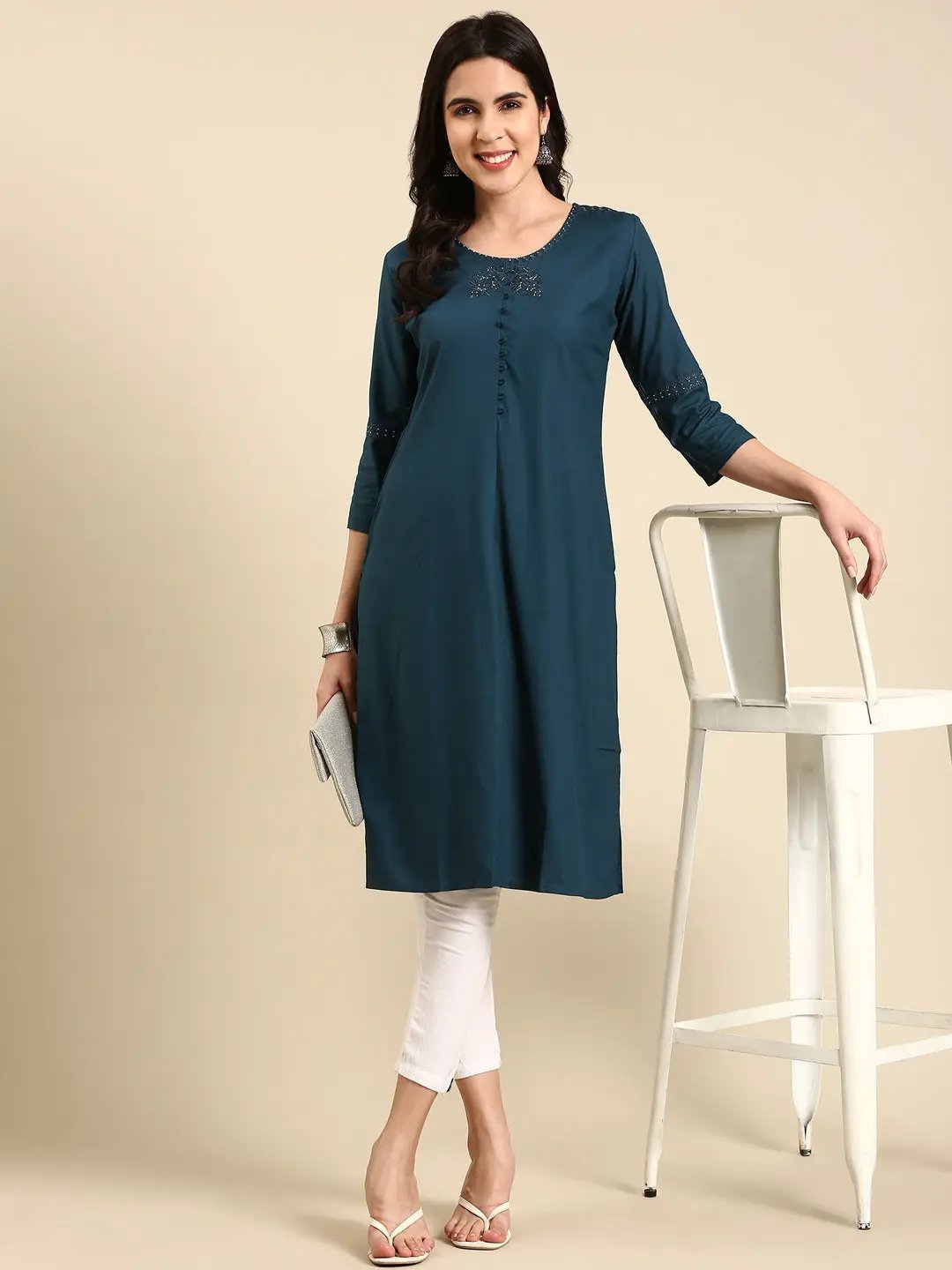 Women's Teal Solid Straight Kurta