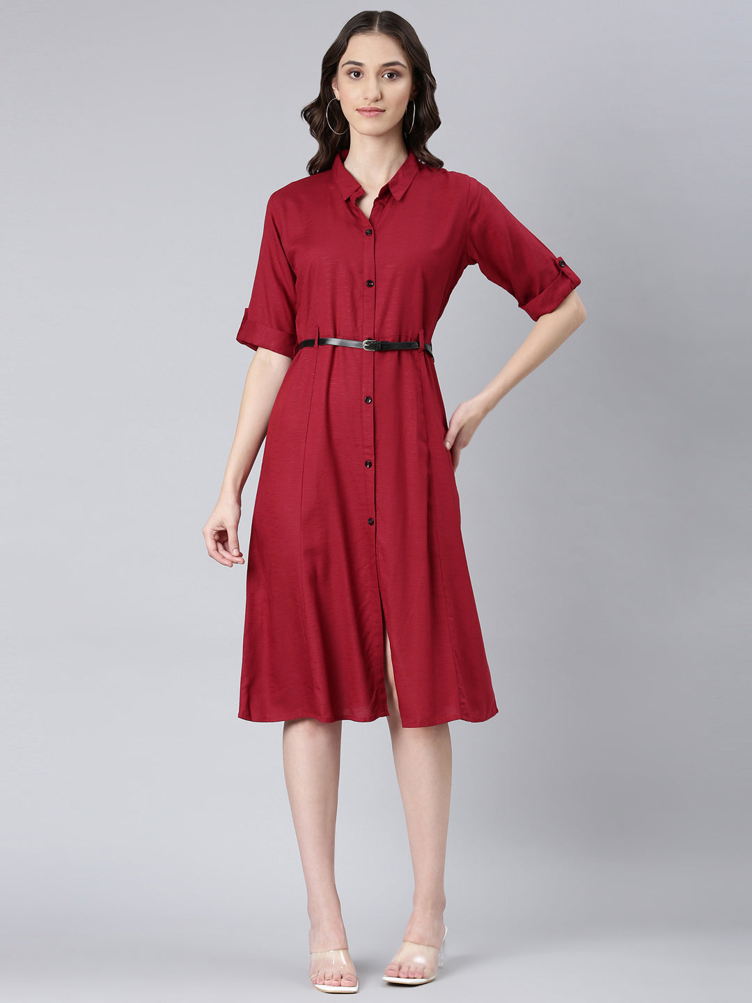 Women Maroon Solid Shirt Dress