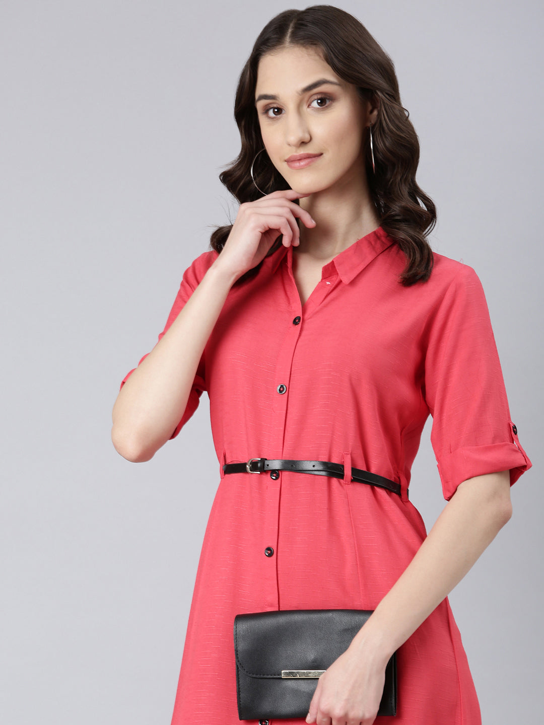 Women Peach Solid Shirt Dress