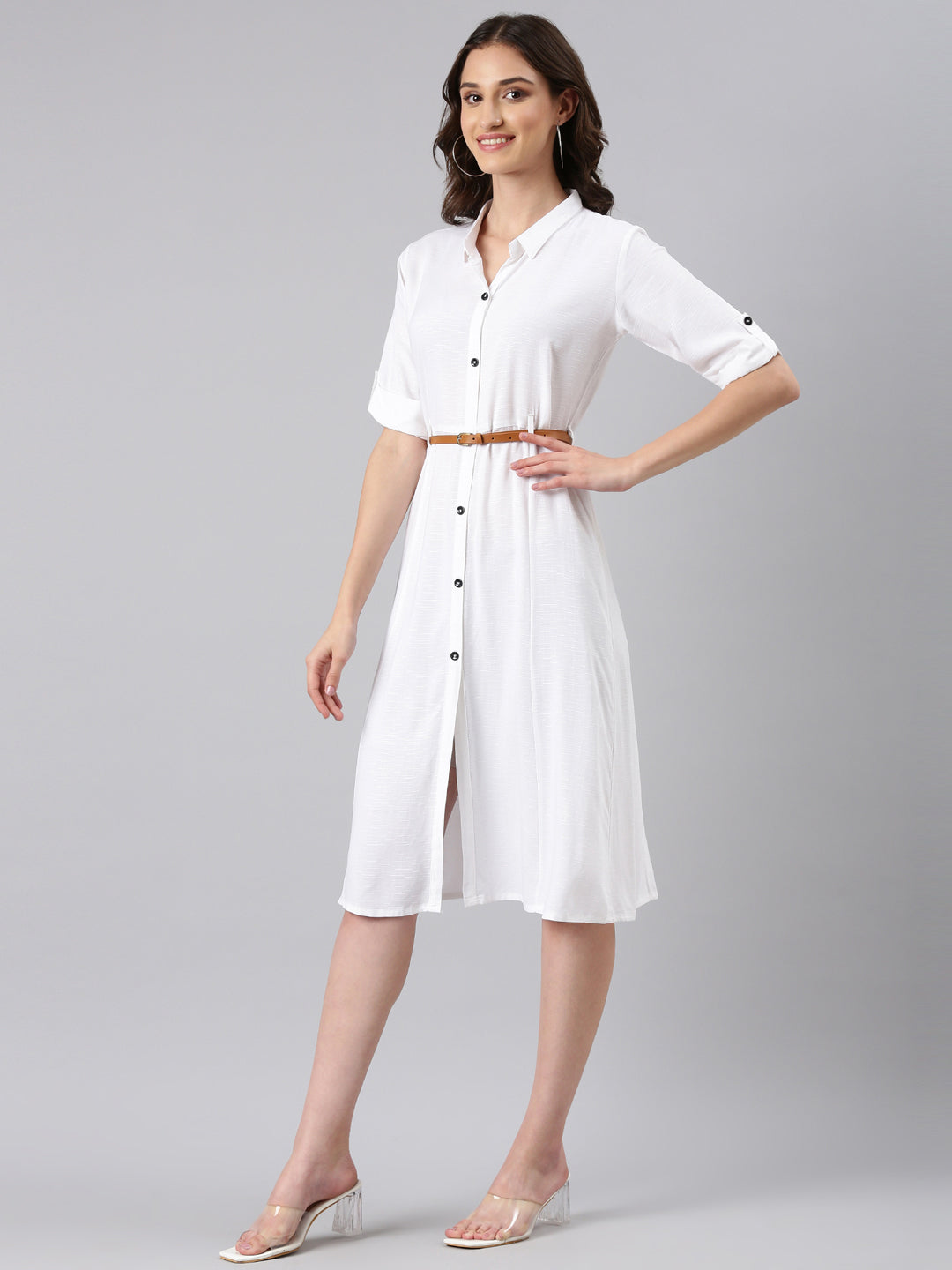 Women White Solid Shirt Dress