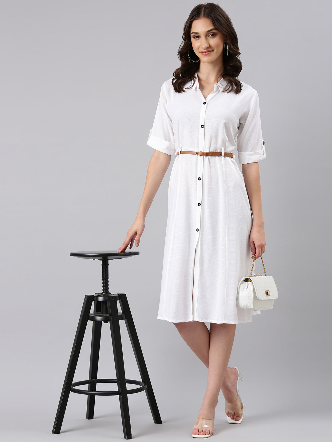 Women White Solid Shirt Dress