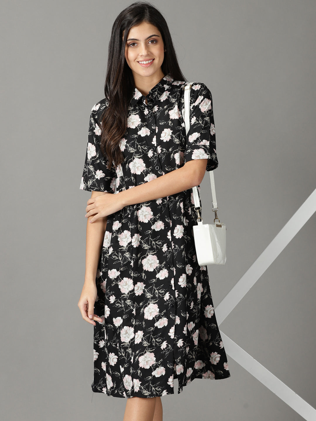 Women's Black Printed Shirt Dress