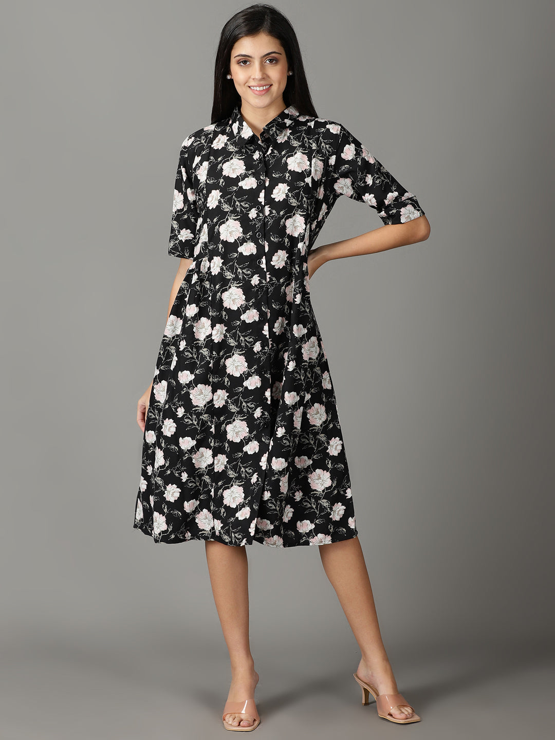 Women's Black Printed Shirt Dress