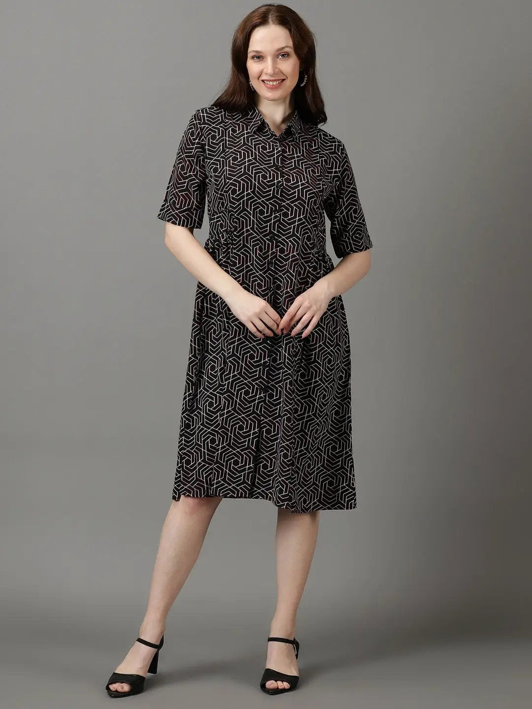 Women's Black Printed Fit and Flare Dress