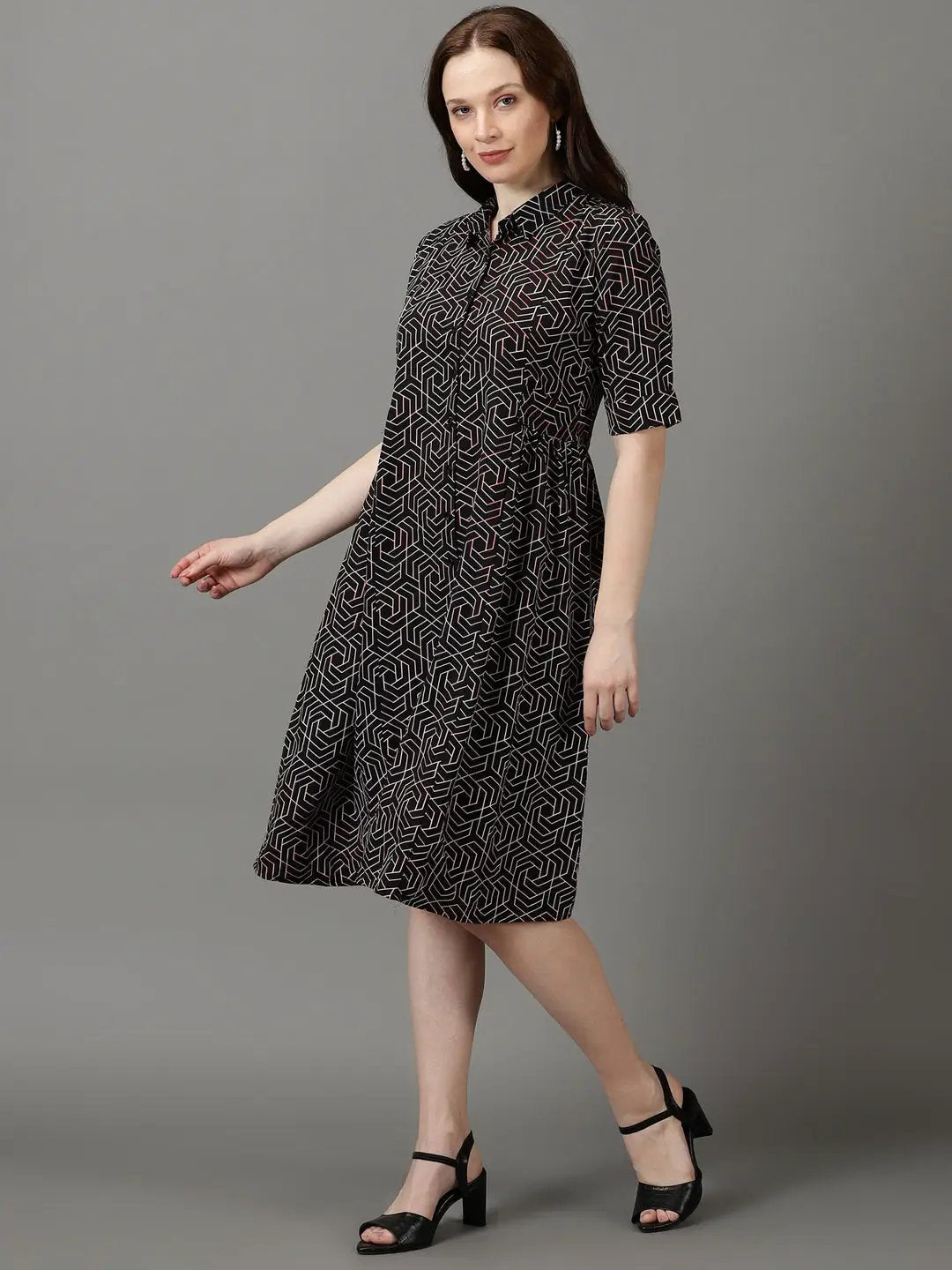 Women's Black Printed Fit and Flare Dress
