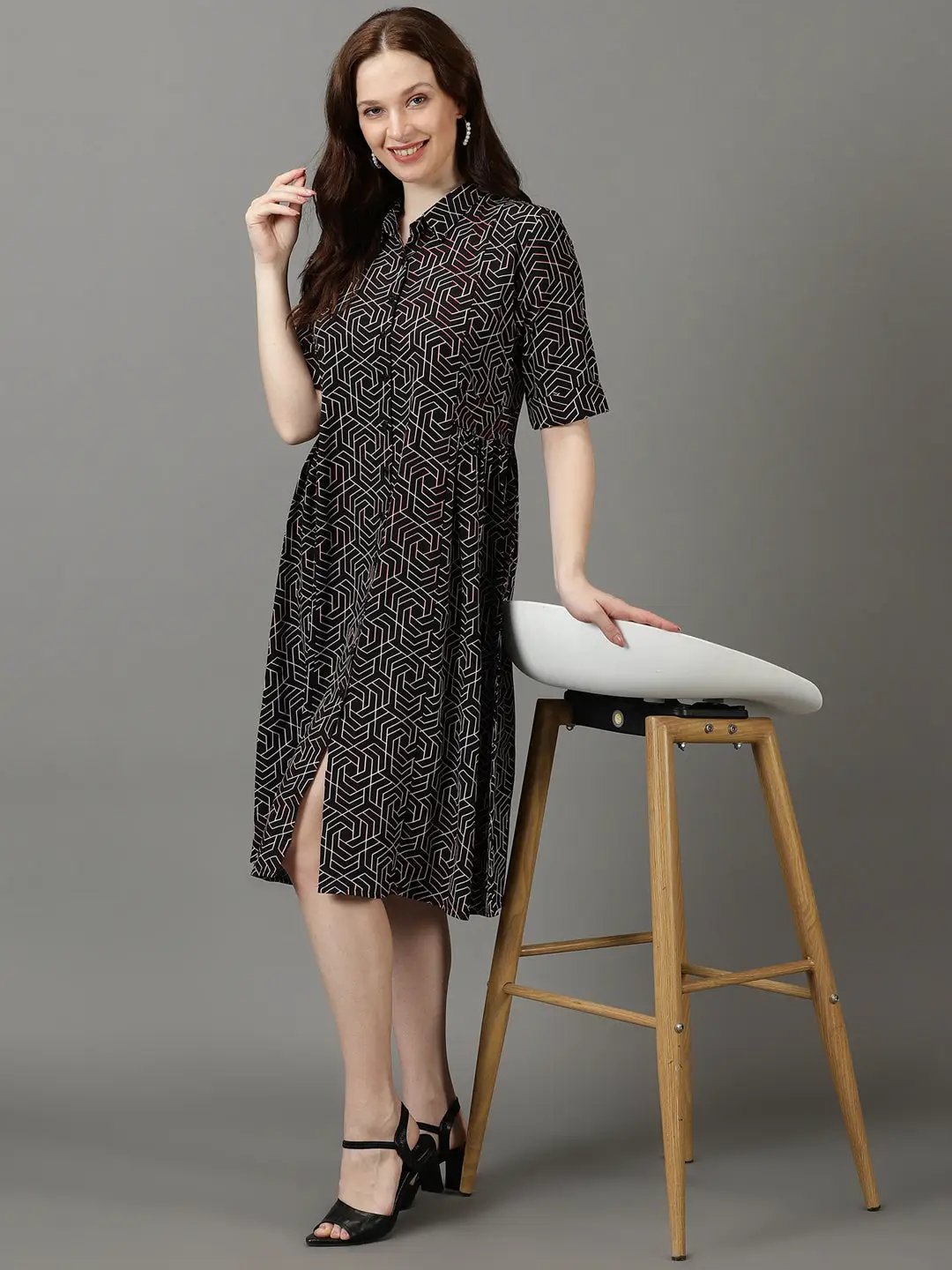 Women's Black Printed Fit and Flare Dress