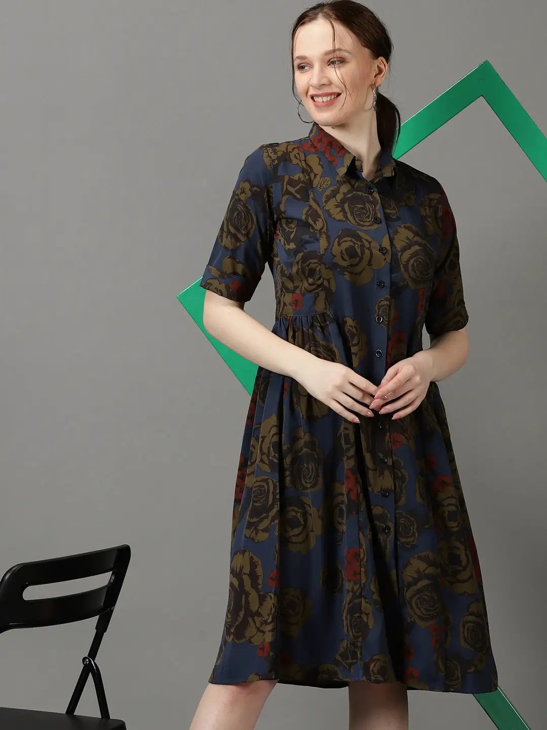Women's Navy Blue Printed Fit and Flare Dress