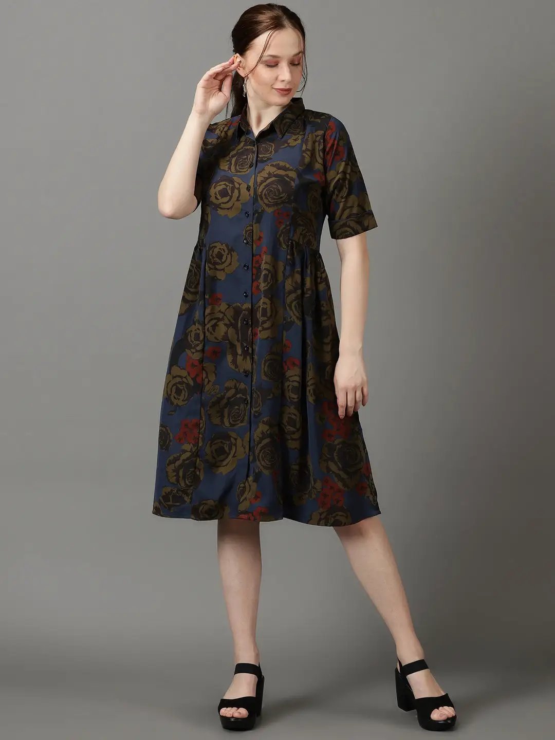 Women's Navy Blue Printed Fit and Flare Dress