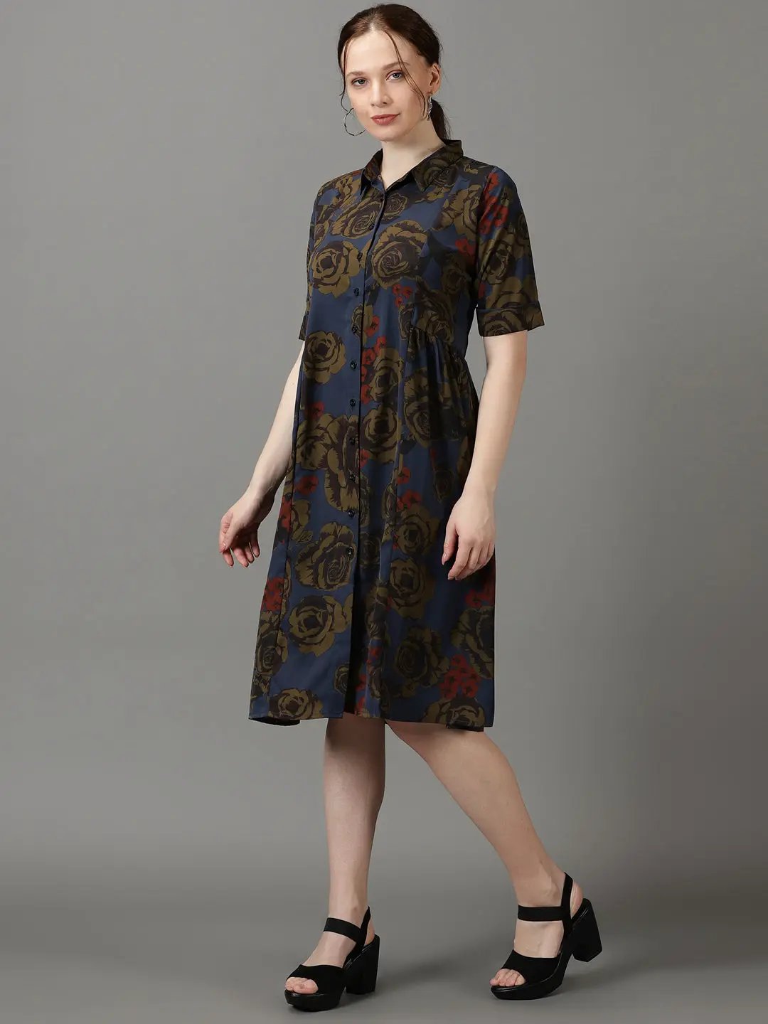 Women's Navy Blue Printed Fit and Flare Dress