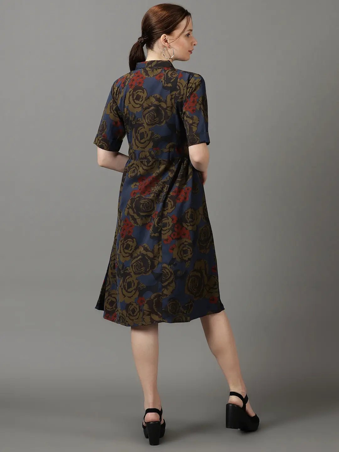 Women's Navy Blue Printed Fit and Flare Dress