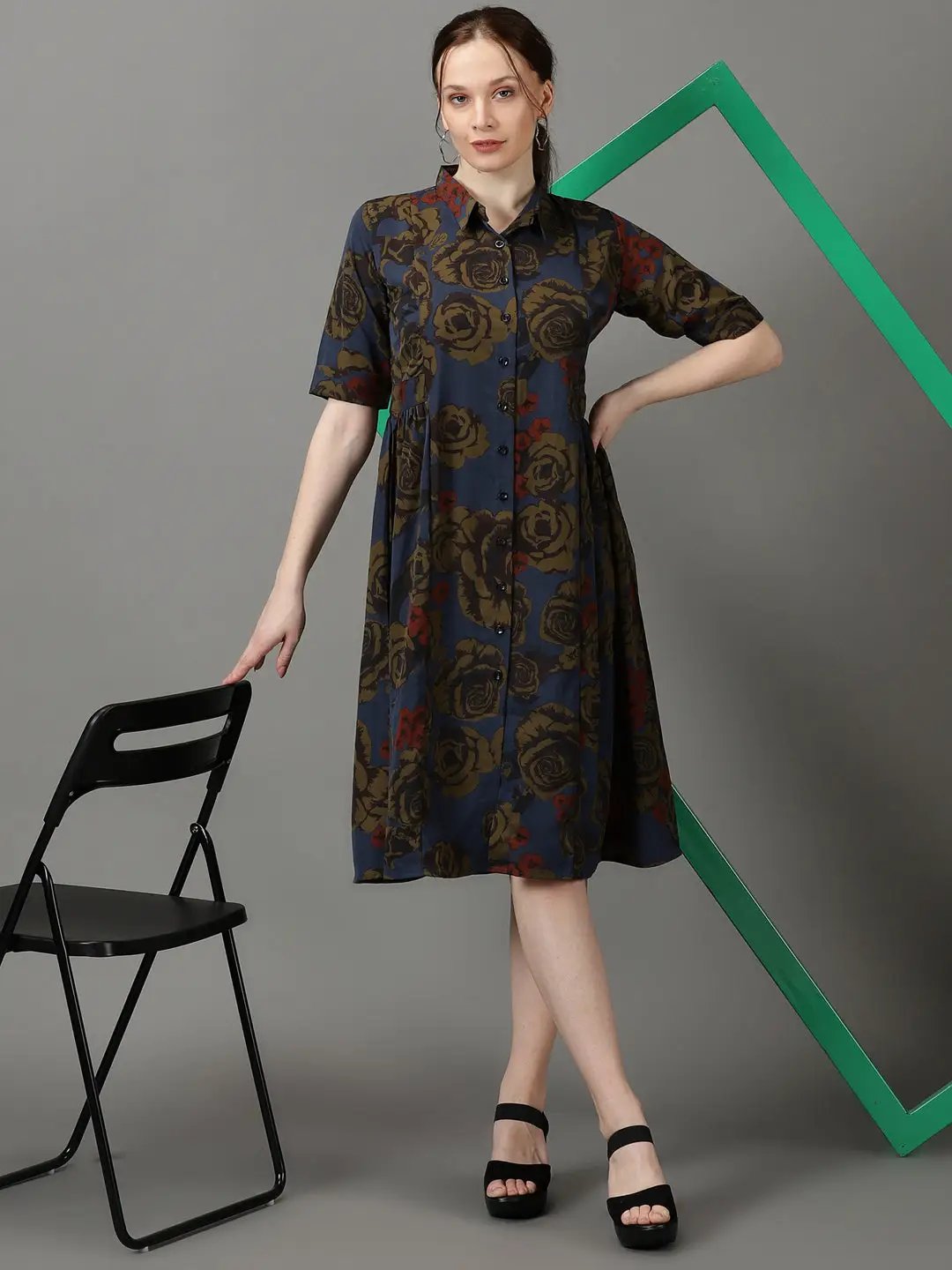 Women's Navy Blue Printed Fit and Flare Dress