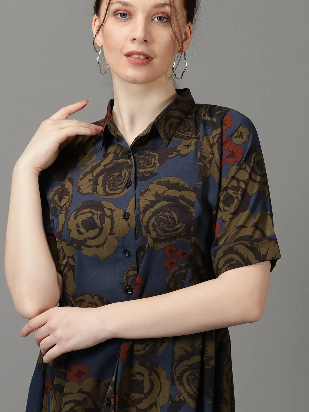 Women's Navy Blue Printed Fit and Flare Dress