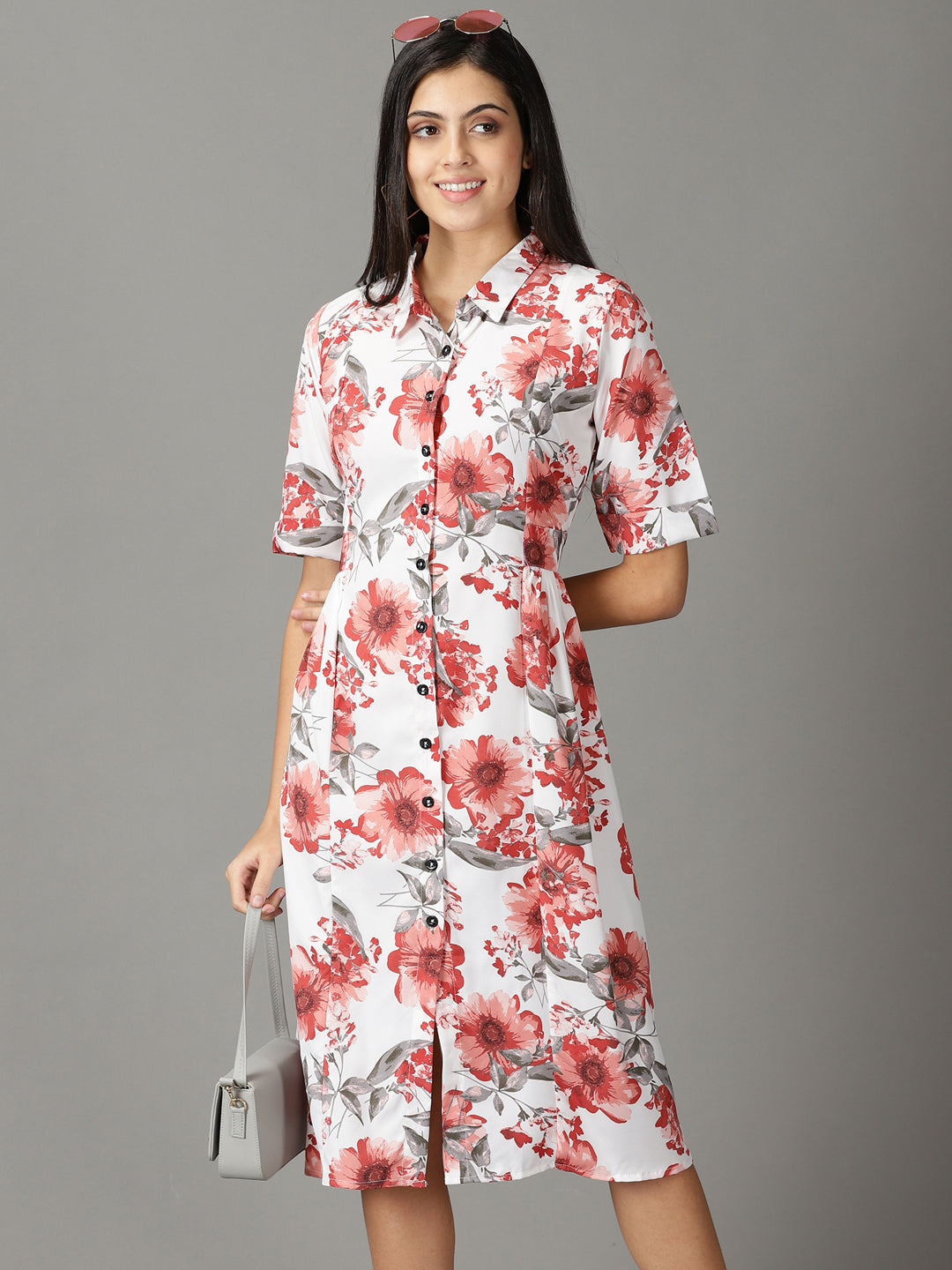 Women's White Printed Shirt Dress