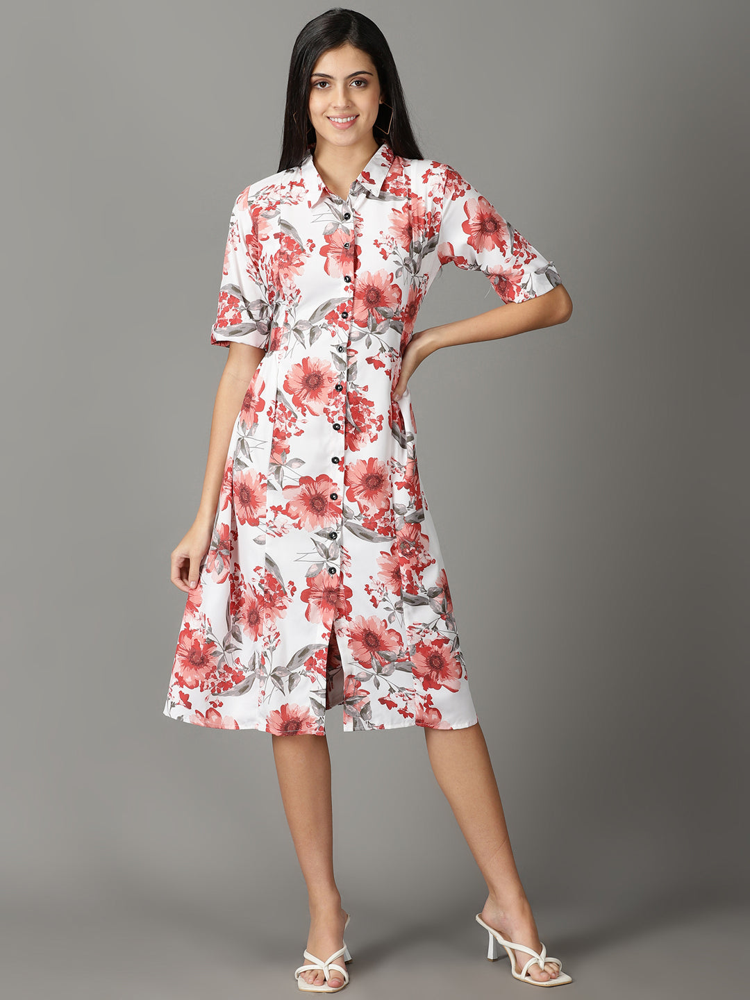 Women's White Printed Shirt Dress