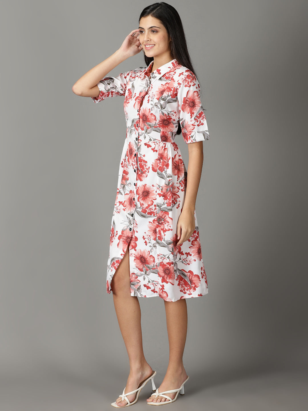 Women's White Printed Shirt Dress