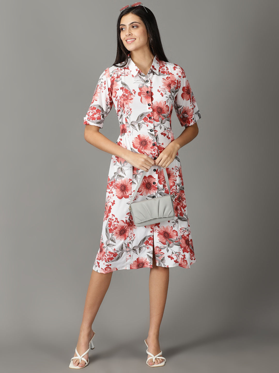 Women's White Printed Shirt Dress