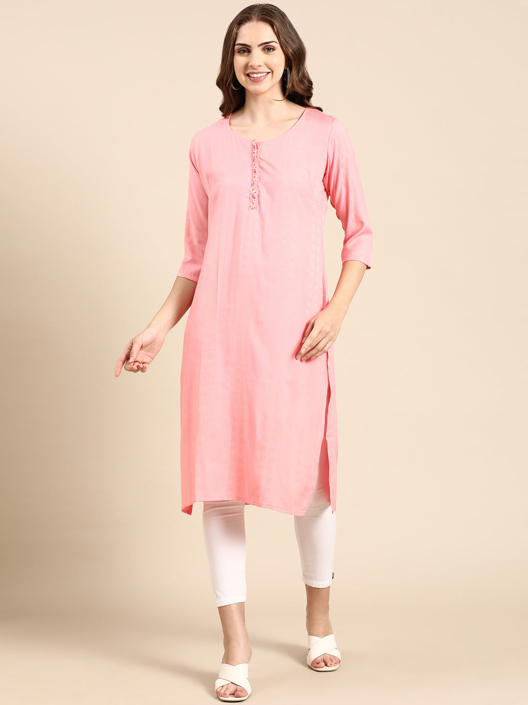 Women's Pink Solid Straight Kurta