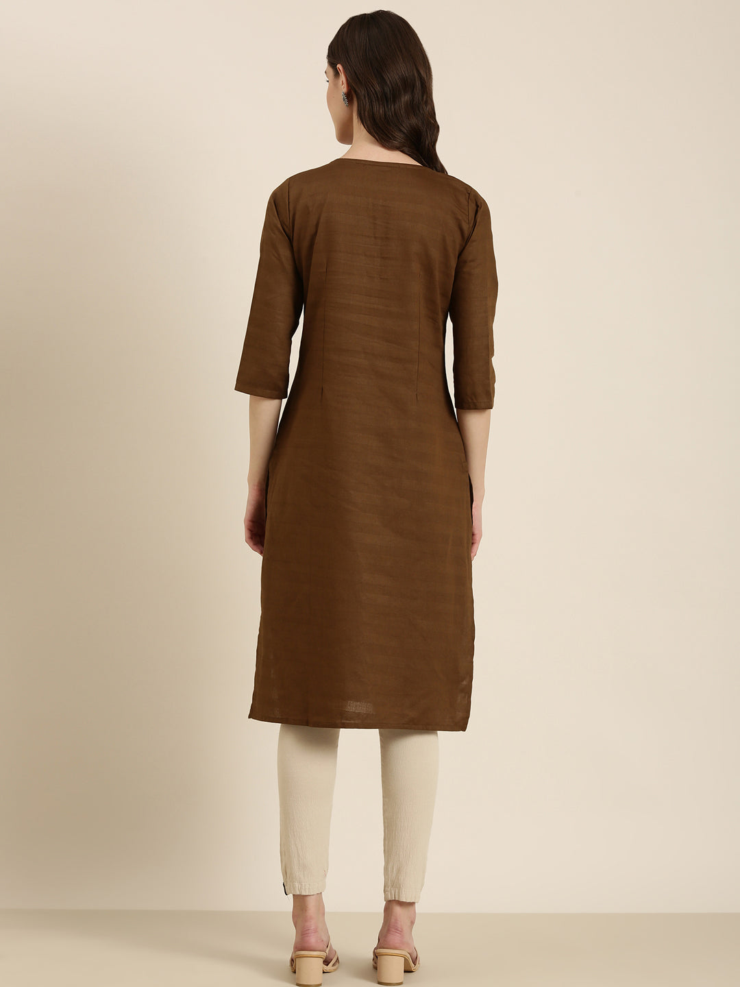 Women Coffee Brown Solid Straight Kurta