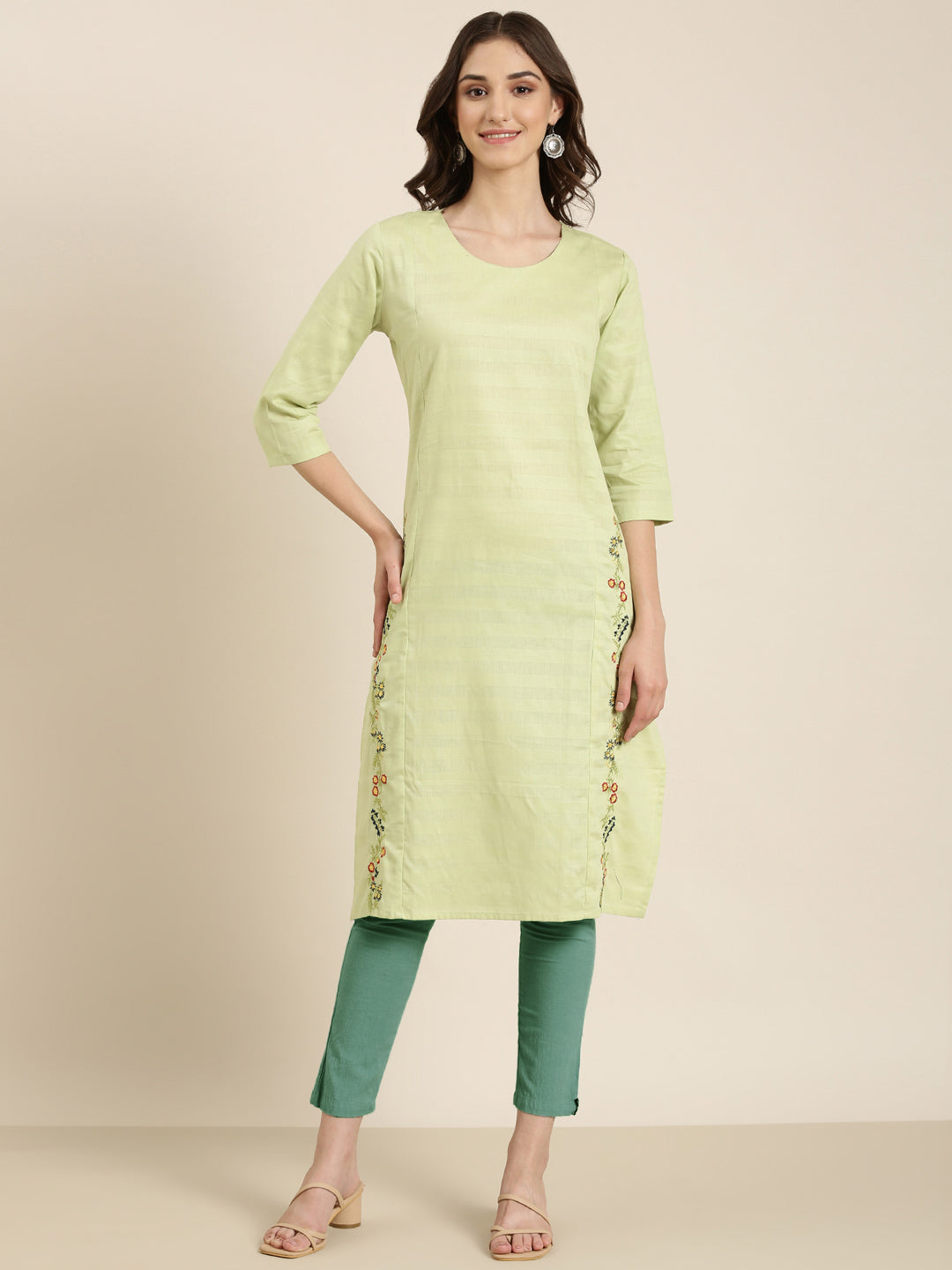 Women Lime Green Solid Straight Kurta