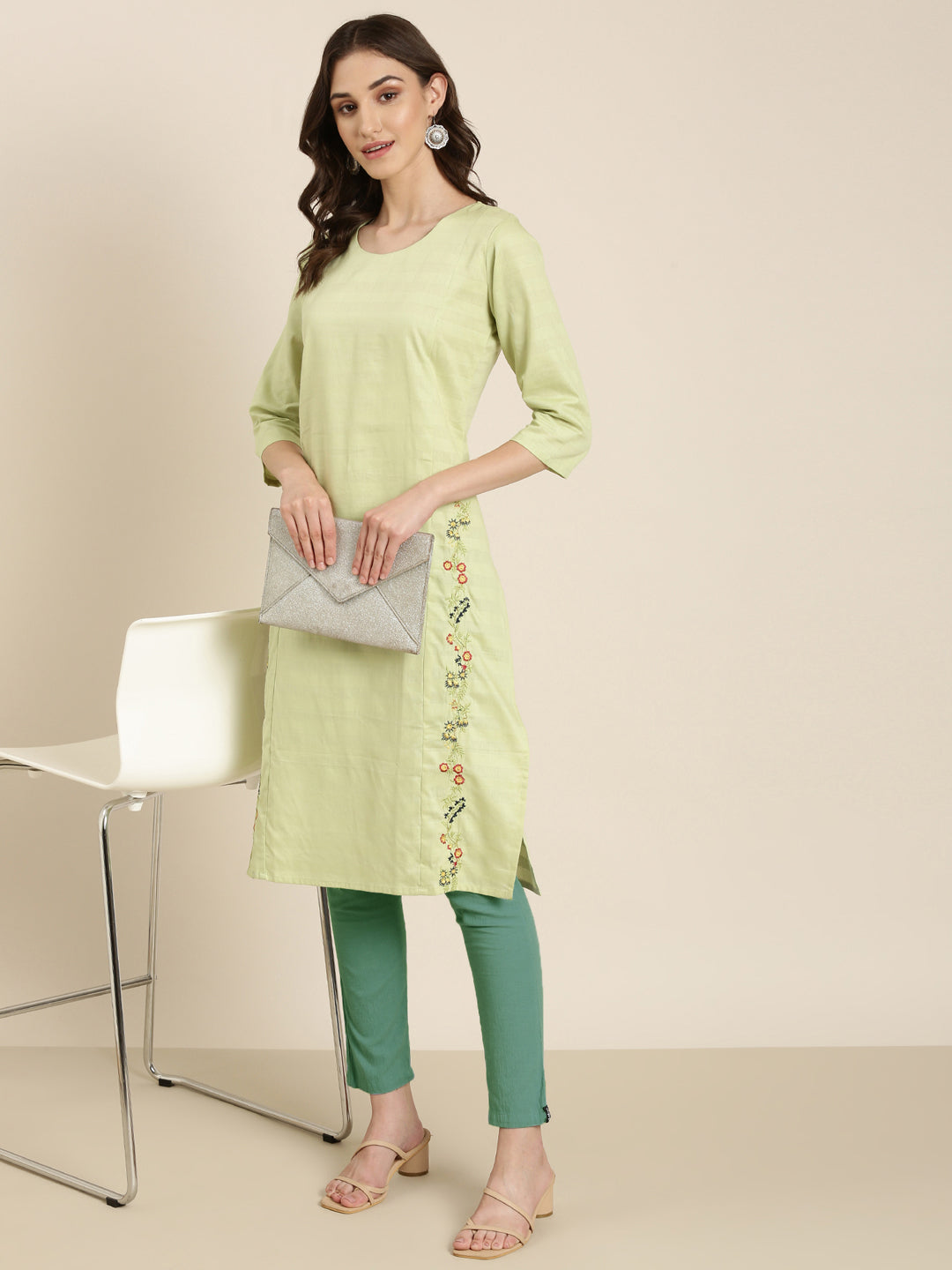 Women Lime Green Solid Straight Kurta