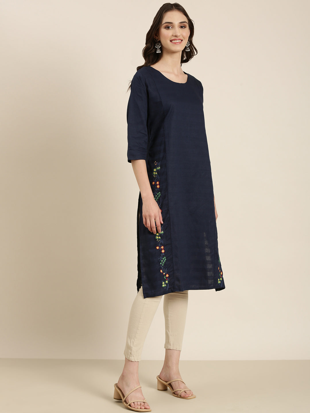 Women Navy Blue Solid Straight Kurta