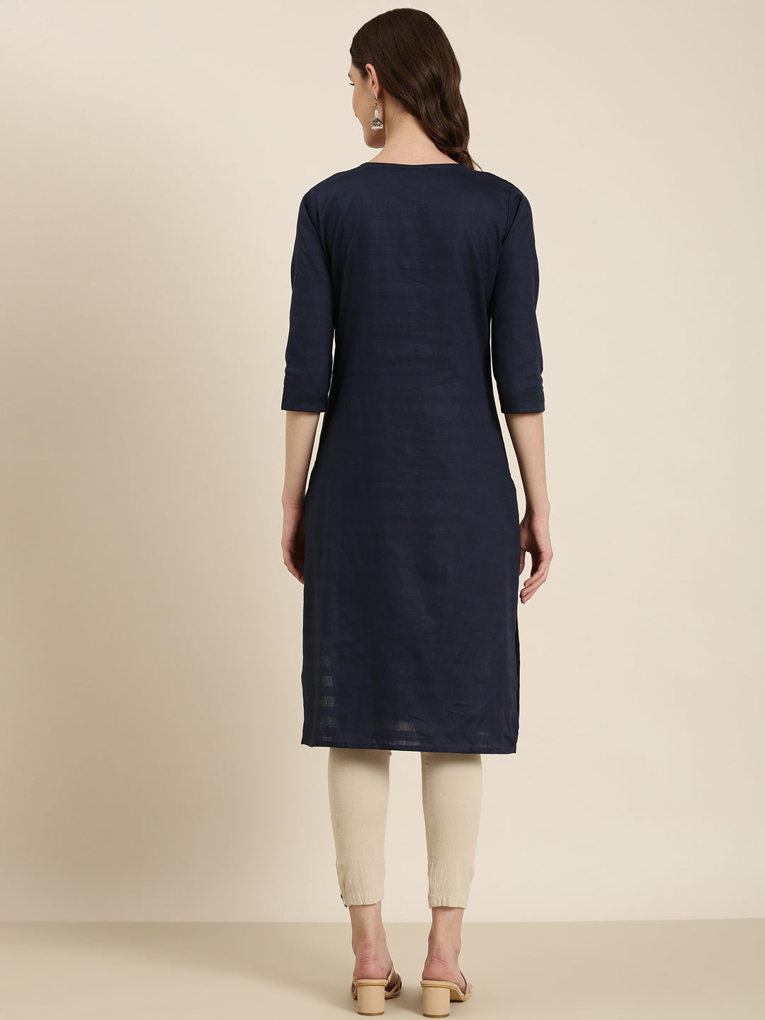 Women Navy Blue Solid Straight Kurta