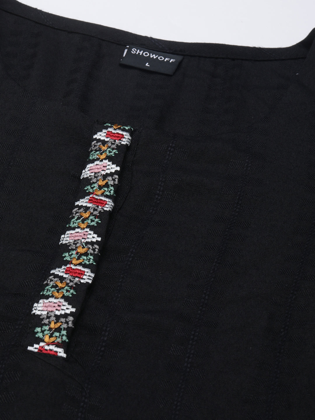 Women's Black Striped Thread Work Straight Kurta