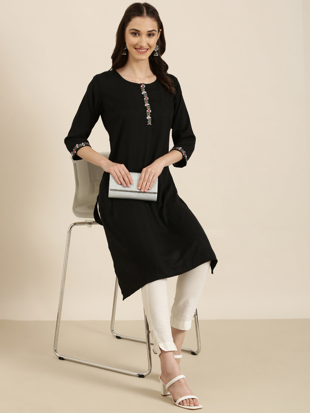 Women's Black Striped Thread Work Straight Kurta
