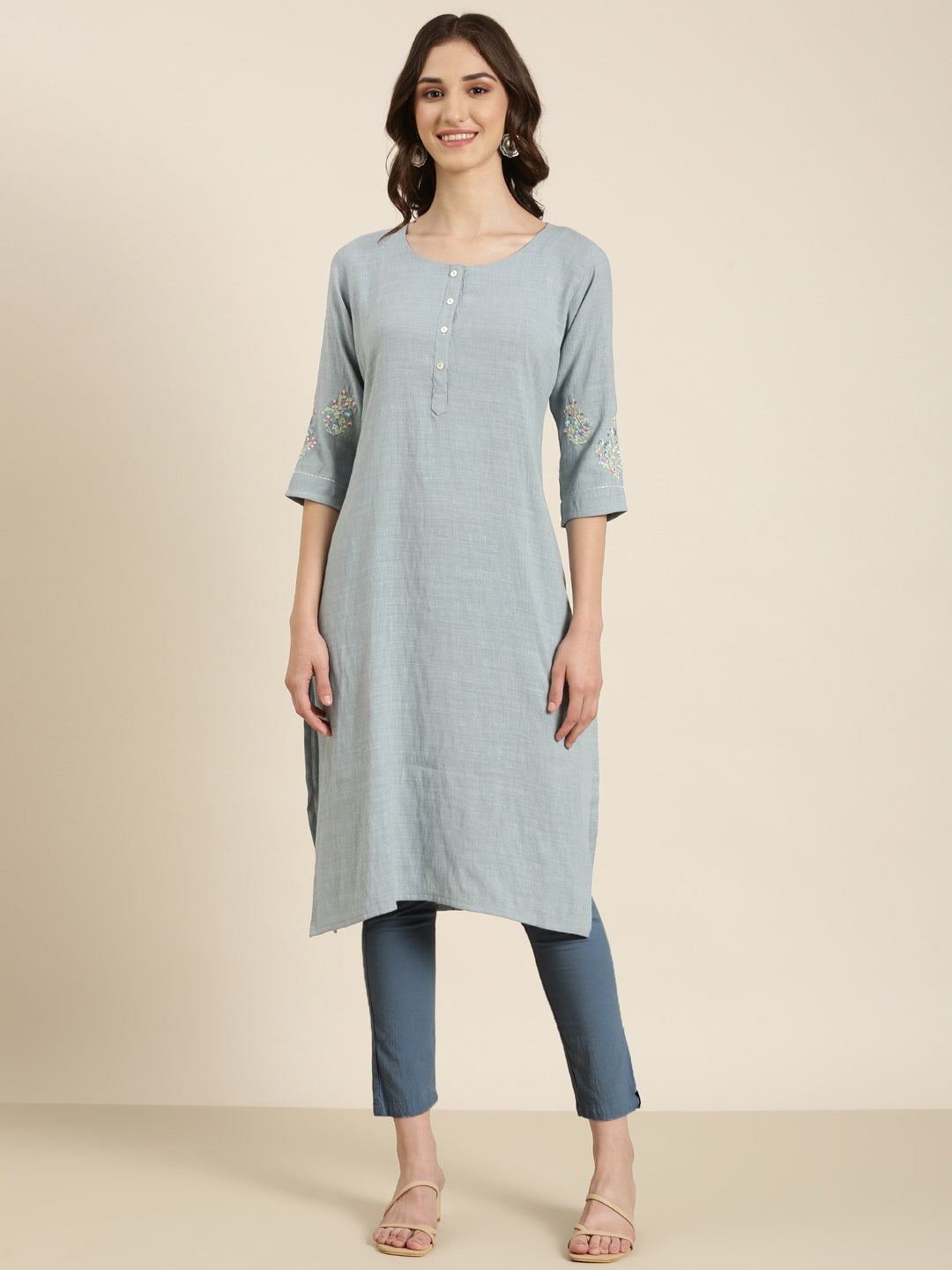 Women Blue Solid Straight Kurta