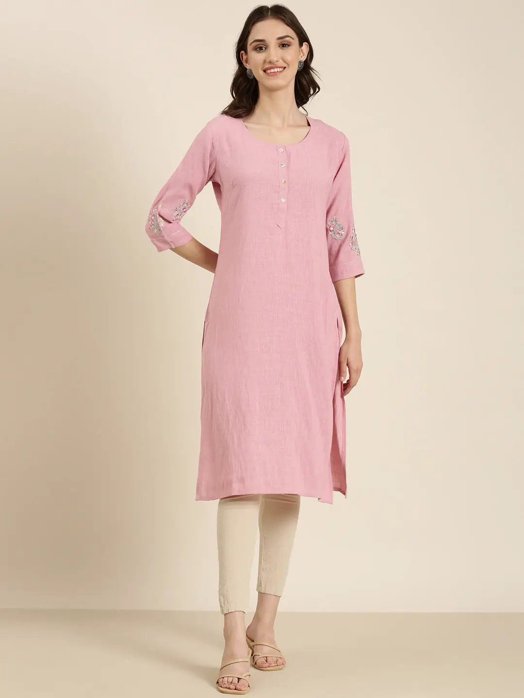 Women's Pink Solid Straight Kurta