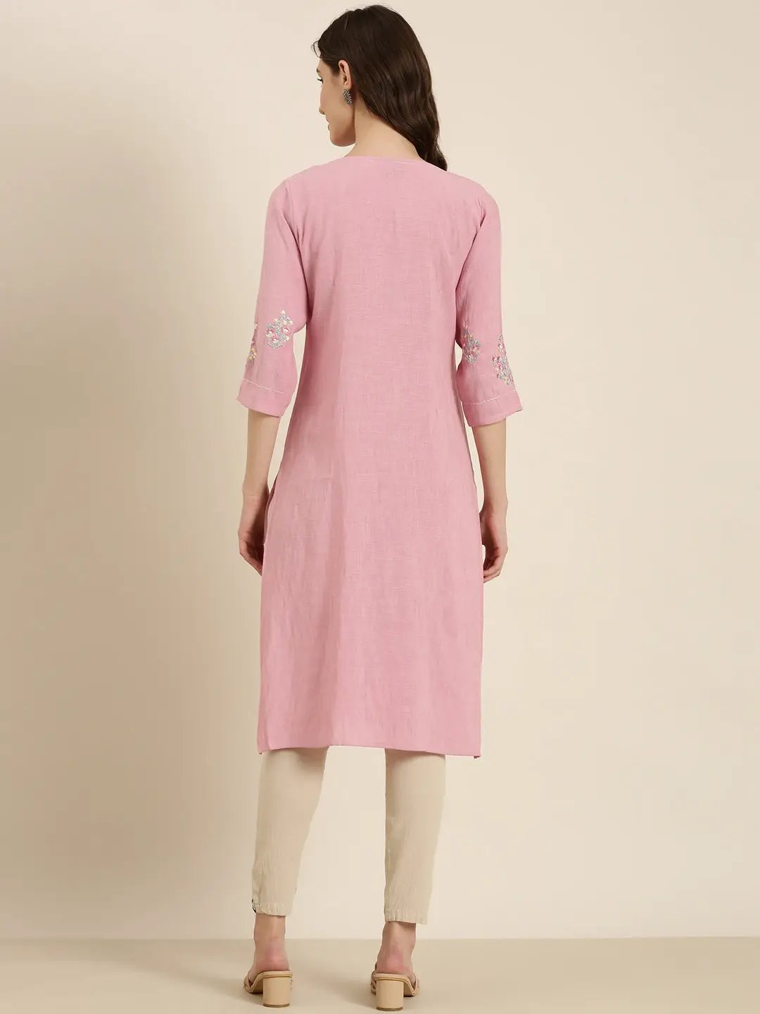Women's Pink Solid Straight Kurta