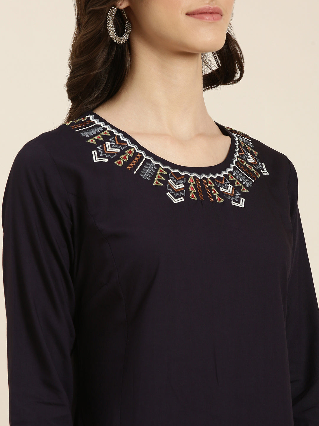 Women Navy Blue Solid Straight Kurta