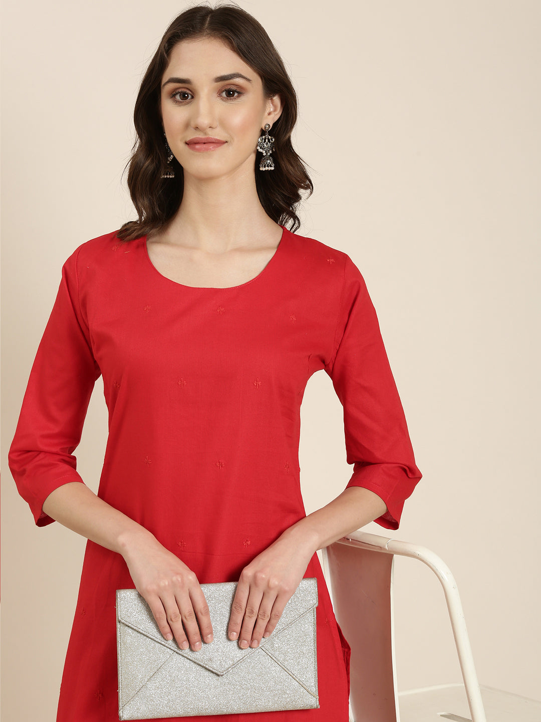 Women Red Solid Straight Kurta