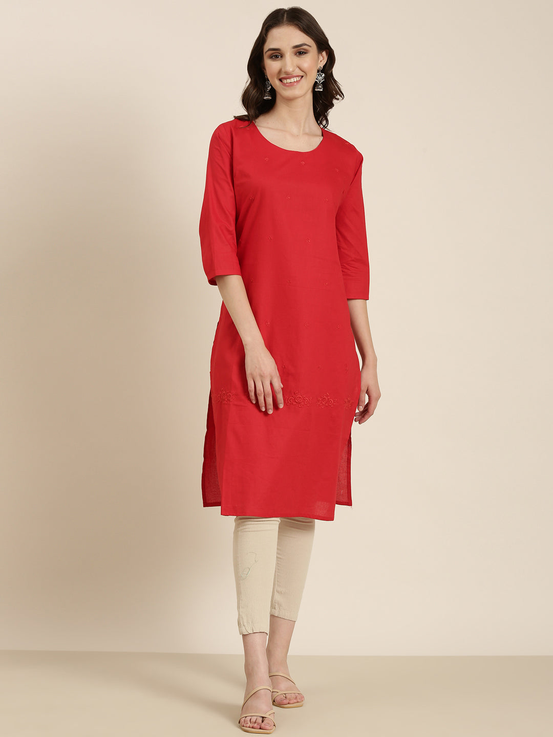 Women Red Solid Straight Kurta