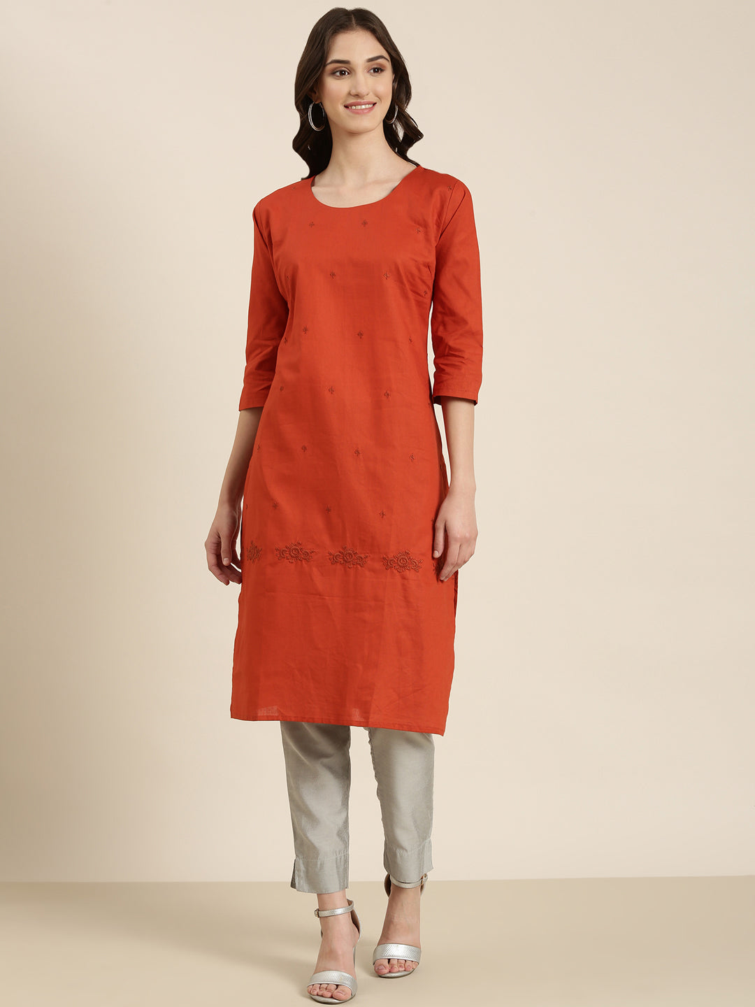 Women Rust Solid Straight Kurta