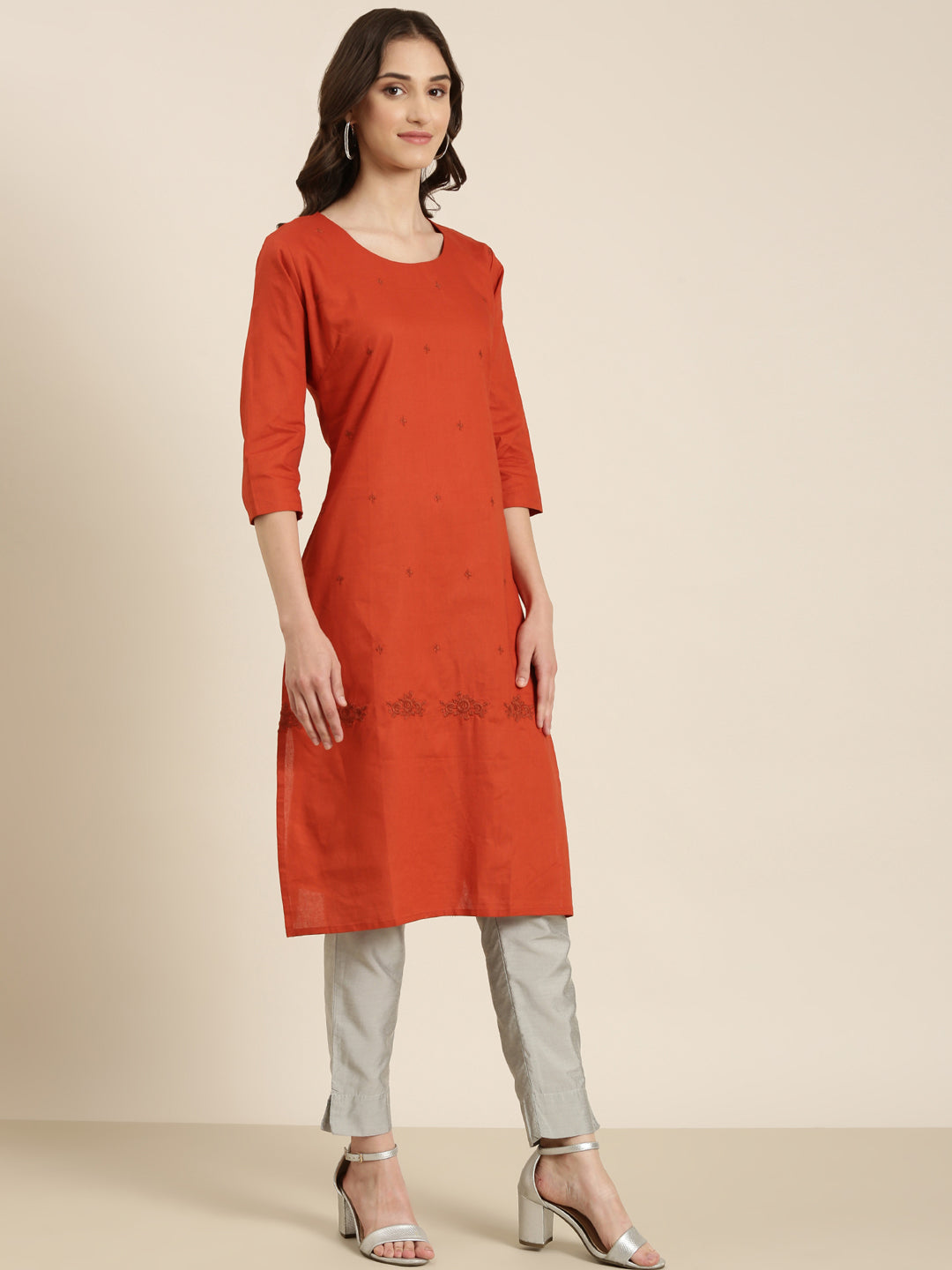 Women Rust Solid Straight Kurta