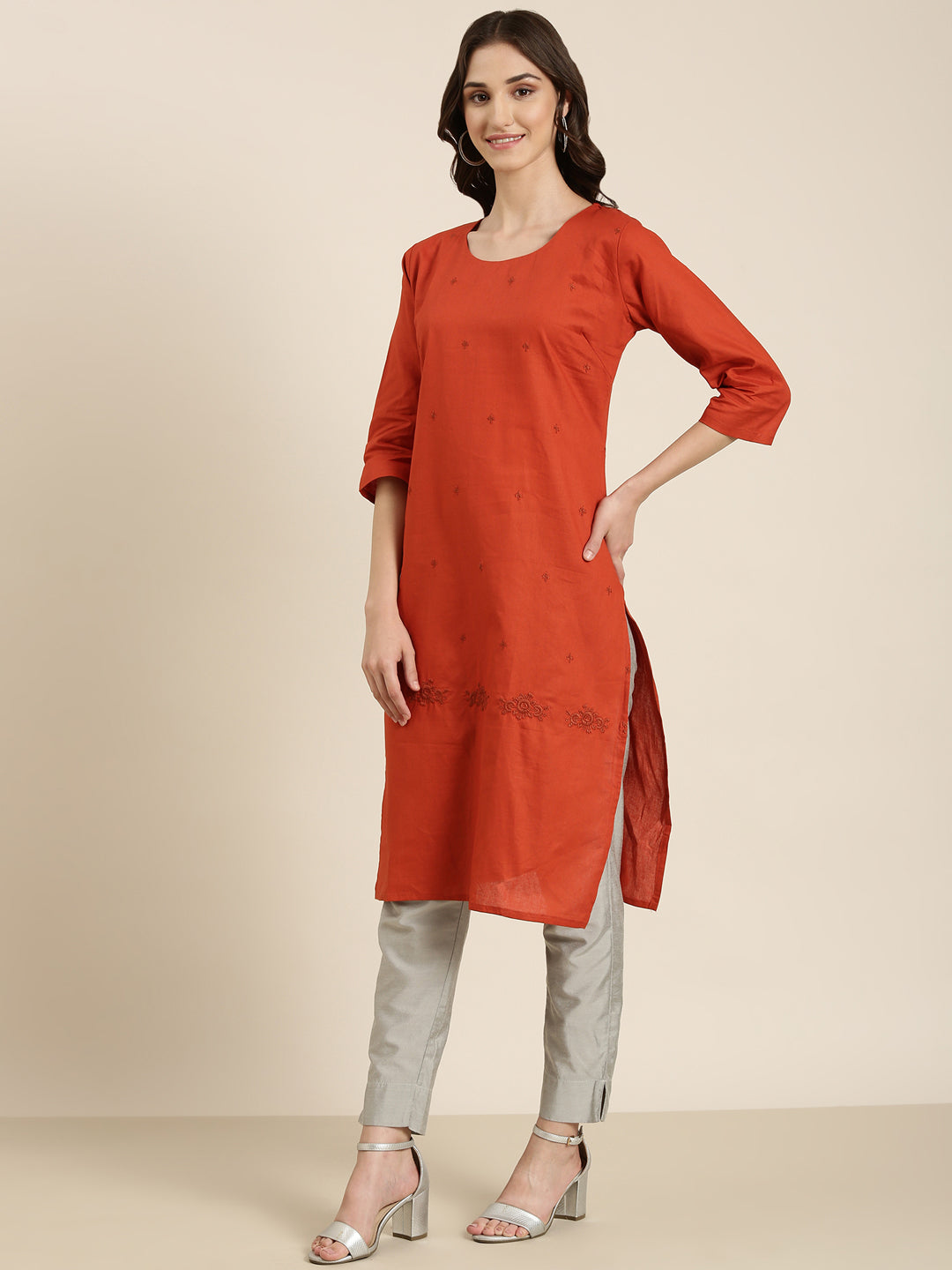 Women Rust Solid Straight Kurta