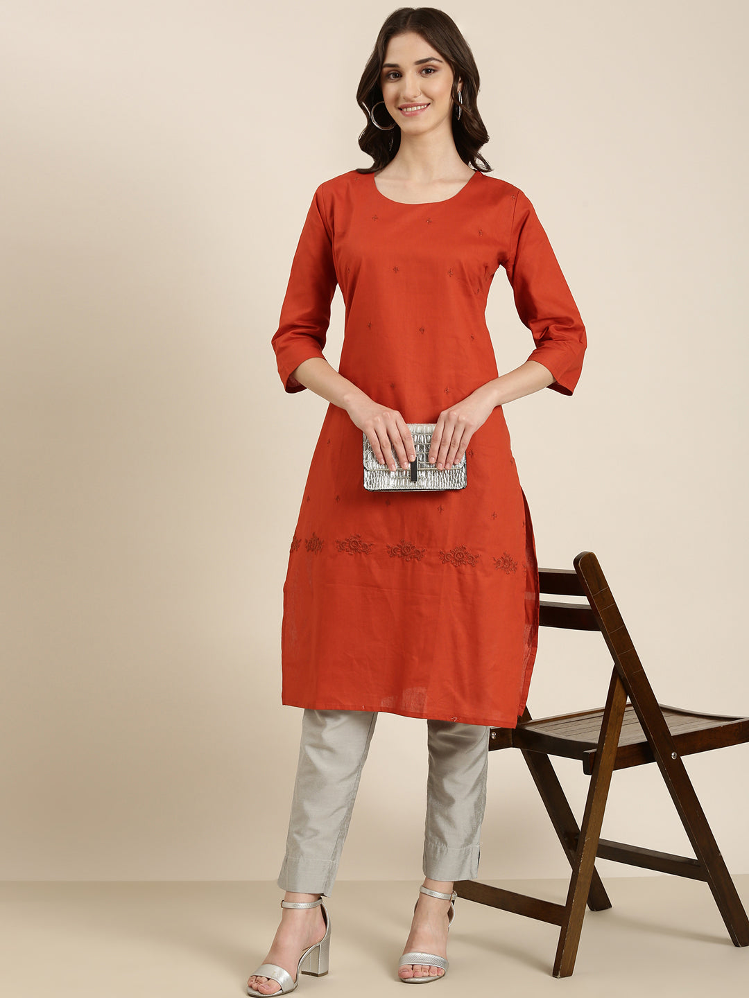 Women Rust Solid Straight Kurta