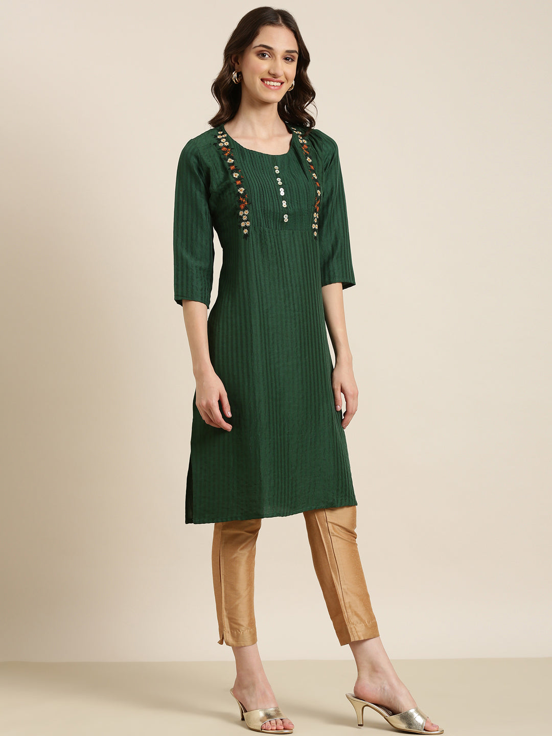 Women Green Striped Straight Kurta